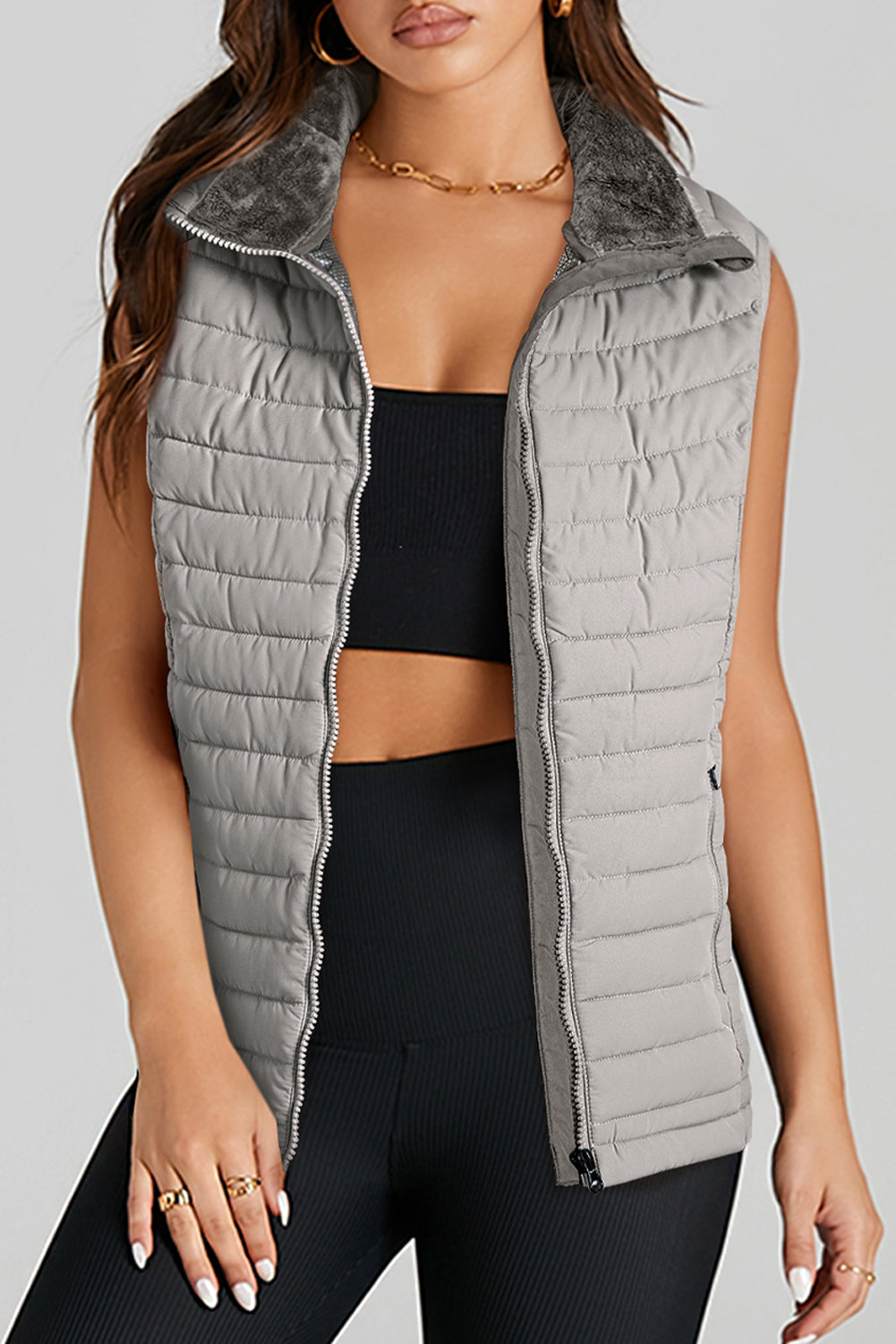 Silvery Plush Collared Quilted Zipped Puffer Vest - Little Miss Vanilla