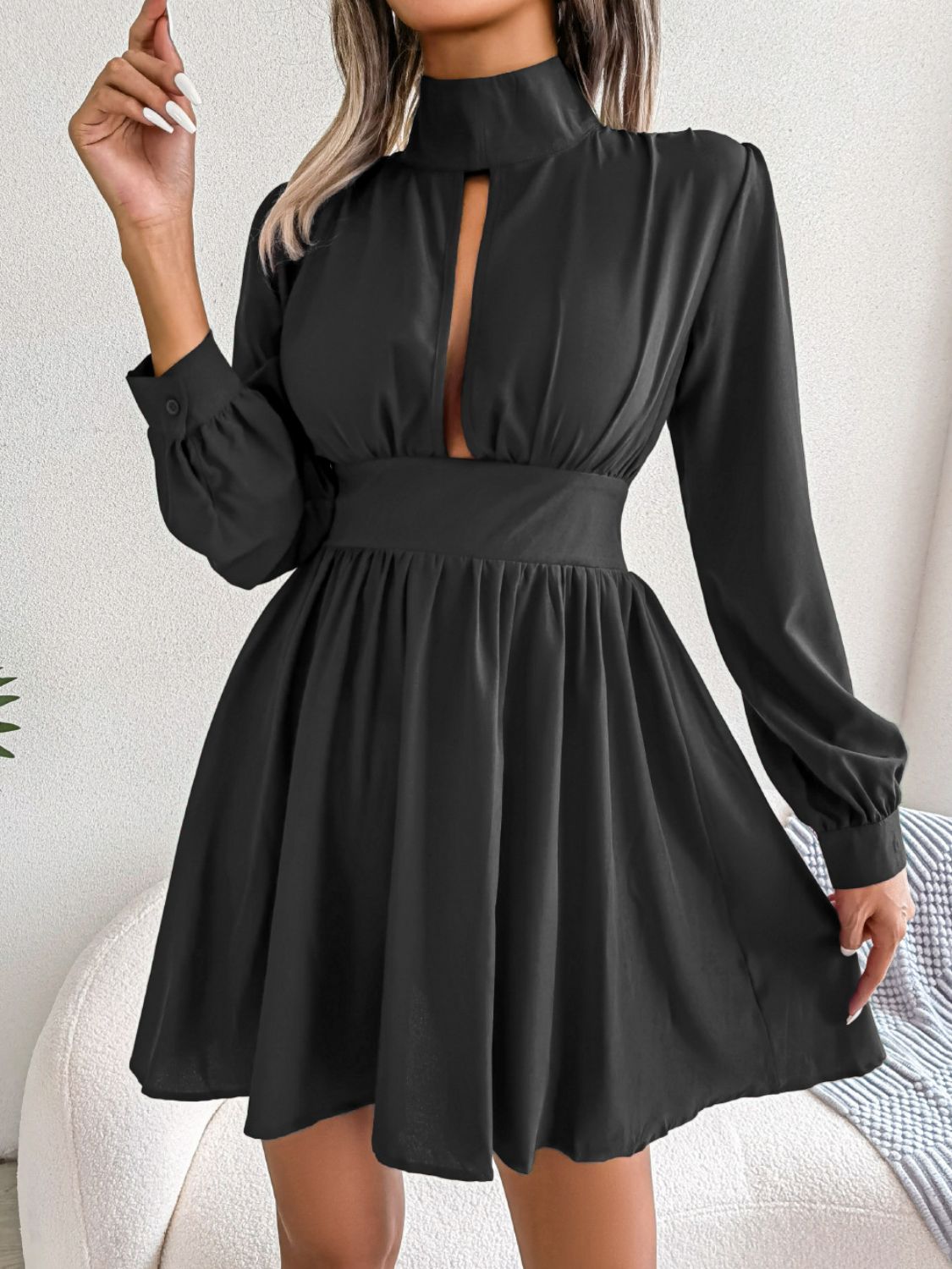 Cutout Turtleneck A-Line Mini Dress - Little Miss Vanilla