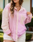 Plus Size Striped Collared Neck Long Sleeve Shirt - Little Miss Vanilla