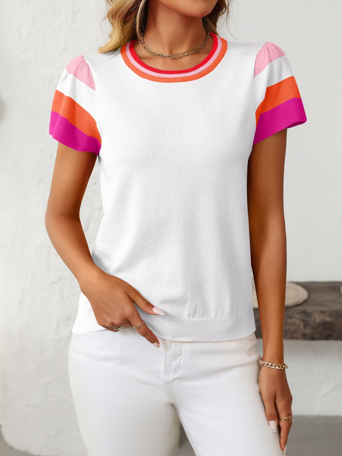 Mandy Contrast Round Neck Short Sleeve Knit Top - Little Miss Vanilla