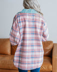 Pink Plaid Print Color Block Collared Flap Pockets Loose Shacket