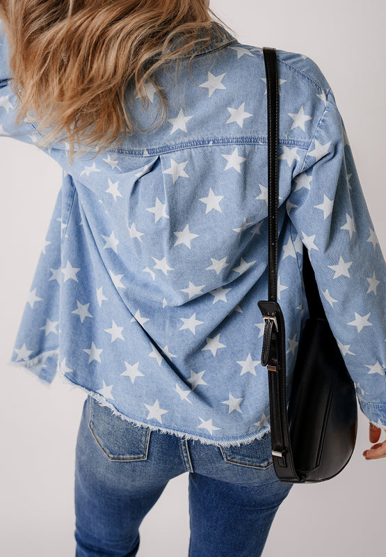 Raw Hem Star Collared Neck Denim Top - Little Miss Vanilla