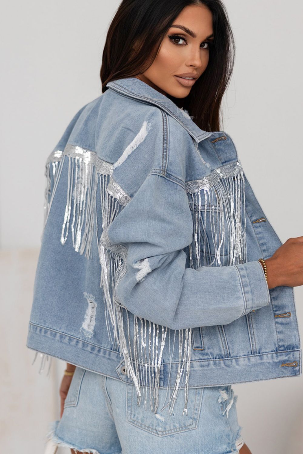 Sequin Fringe Trim Distressed Button Up Denim Jacket - Little Miss Vanilla