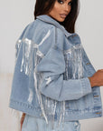 Sequin Fringe Trim Distressed Button Up Denim Jacket - Little Miss Vanilla