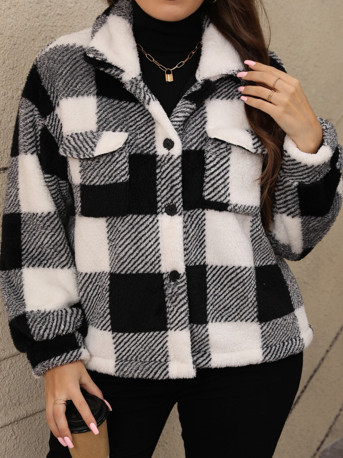 Plus Size Pocketed Plaid Collared Neck Jacket - Little Miss Vanilla