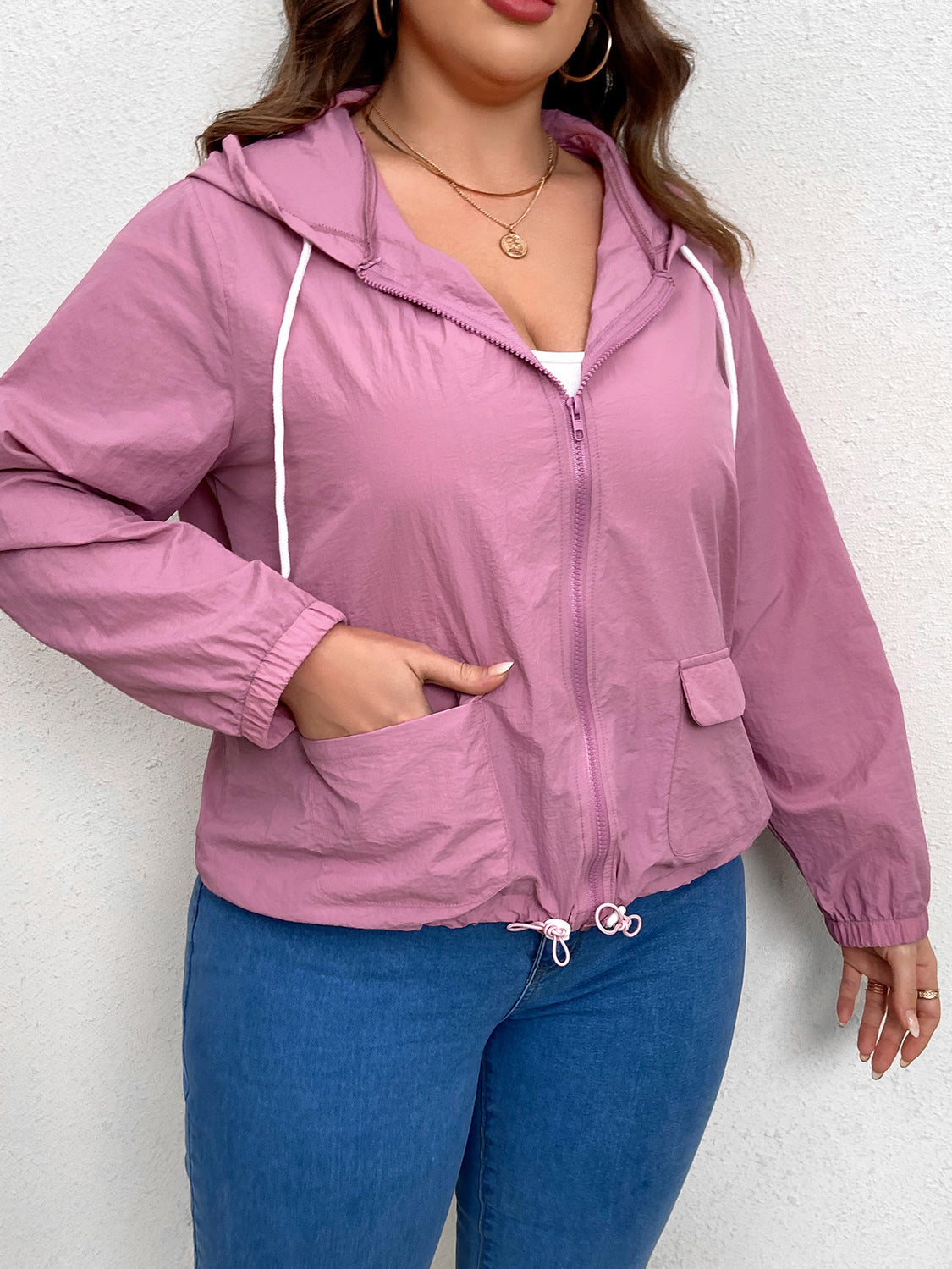 Plus Size Zip-Up Drawstring Hooded Jacket with Pockets - Little Miss Vanilla