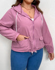 Plus Size Zip-Up Drawstring Hooded Jacket with Pockets - Little Miss Vanilla