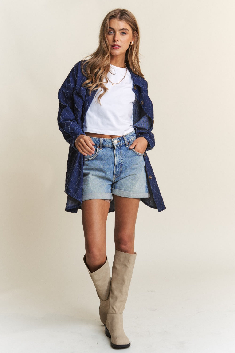 J.NNA Rhombus Stitched Button Up Denim Shacket - Little Miss Vanilla