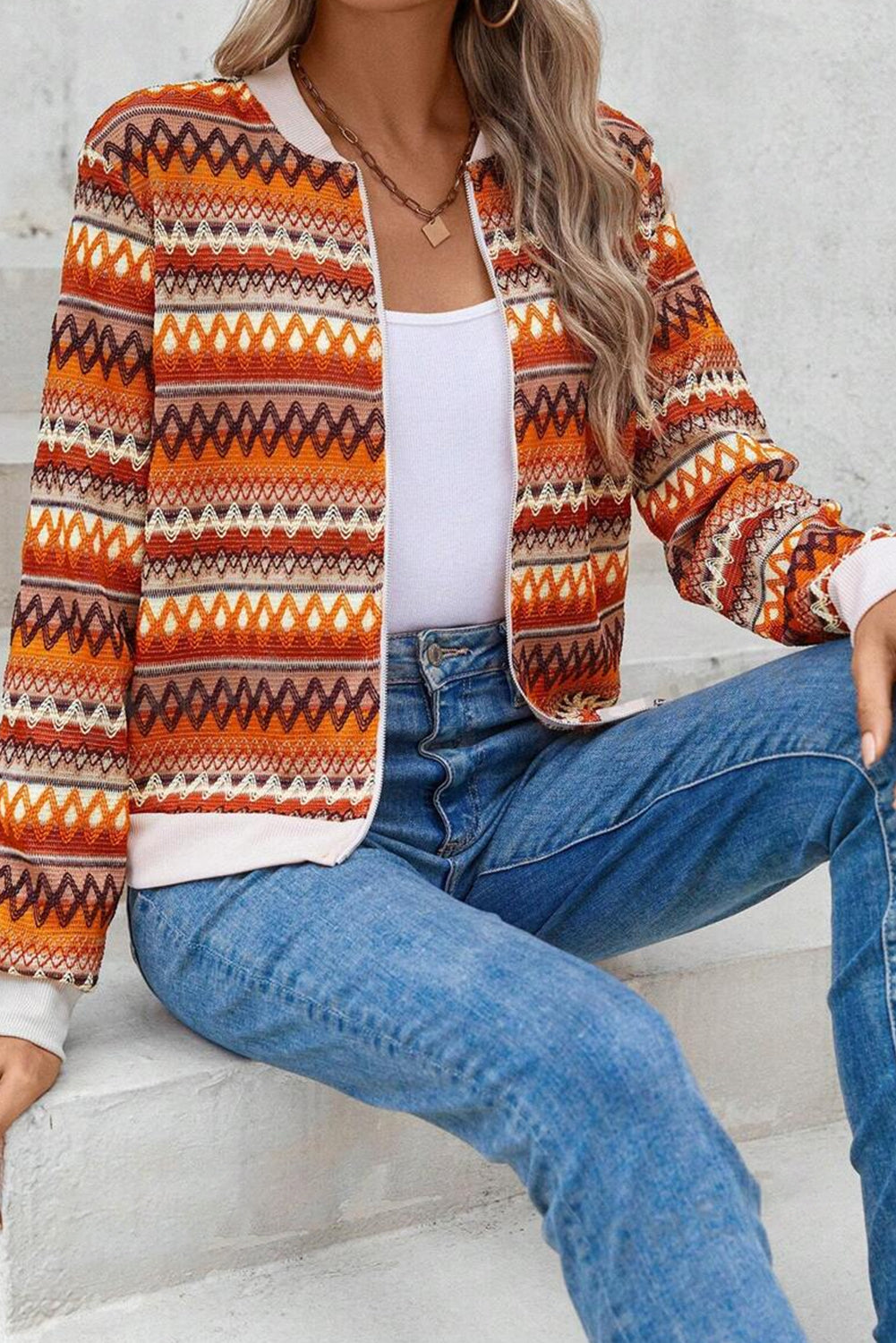 Orange Boho Striped Zip Up Long Sleeve Jacket - Little Miss Vanilla