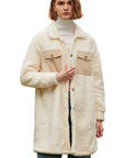 Beige Contrast Flap Pocket Single Breasted Teddy Coat