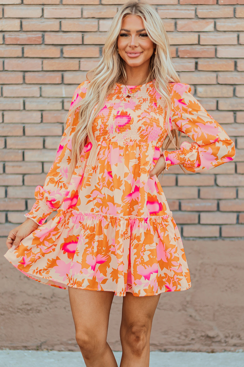 Orange Abstract Print Smocked Lantern Sleeve Ruffle Mini Dress - Little Miss Vanilla