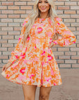 Orange Abstract Print Smocked Lantern Sleeve Ruffle Mini Dress - Little Miss Vanilla