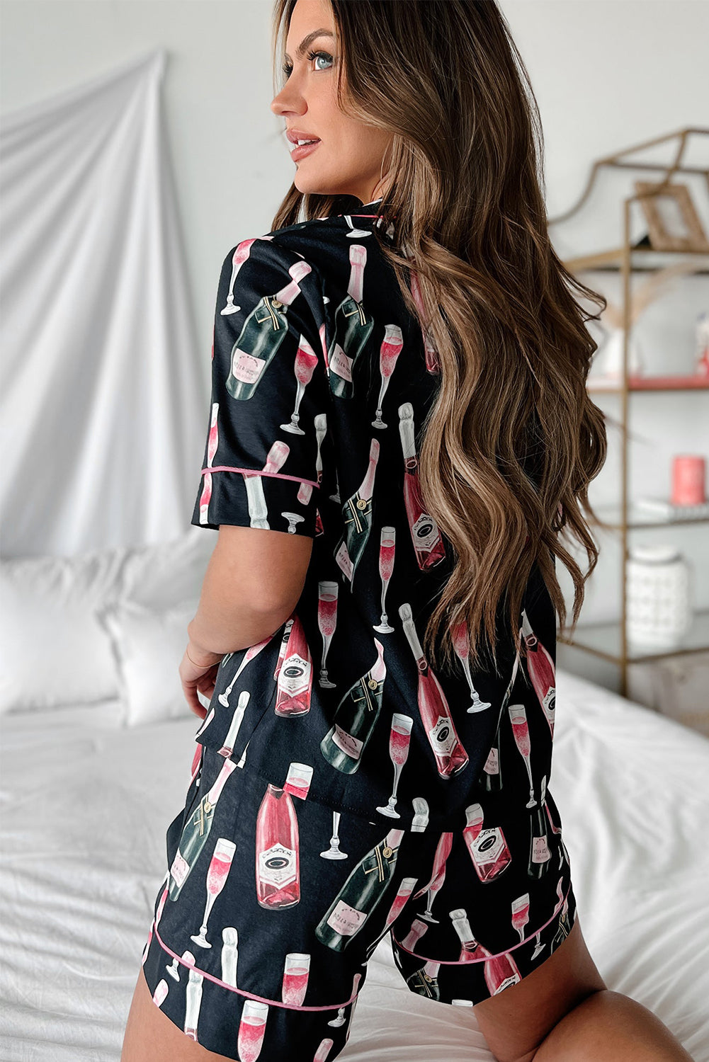 Black Champagne Print Silky Short Sleeve Pajamas Set - Little Miss Vanilla