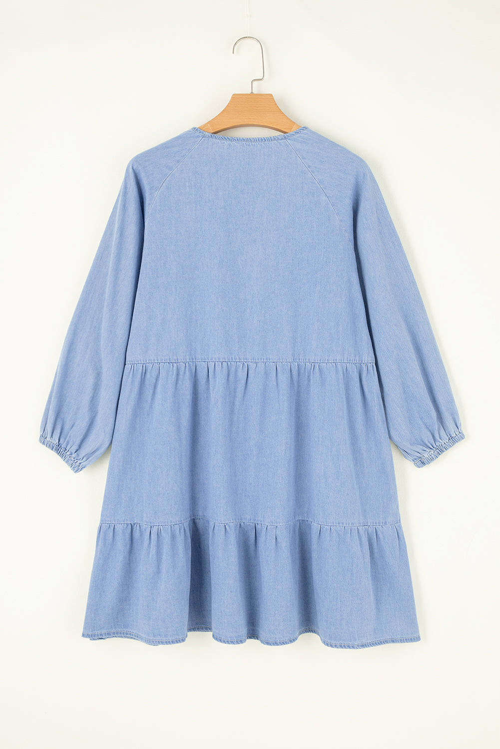 Beau Blue Puff Sleeve V Neck Tiered Ruffled Chambray Mini Dress - Little Miss Vanilla