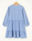 Beau Blue Puff Sleeve V Neck Tiered Ruffled Chambray Mini Dress - Little Miss Vanilla