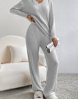 Light Grey Ribbed Knit V Neck Slouchy Two-piece Outfit - Little Miss Vanilla