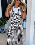 Black Checkered Print Pocketed Wide Leg Jumpsuit