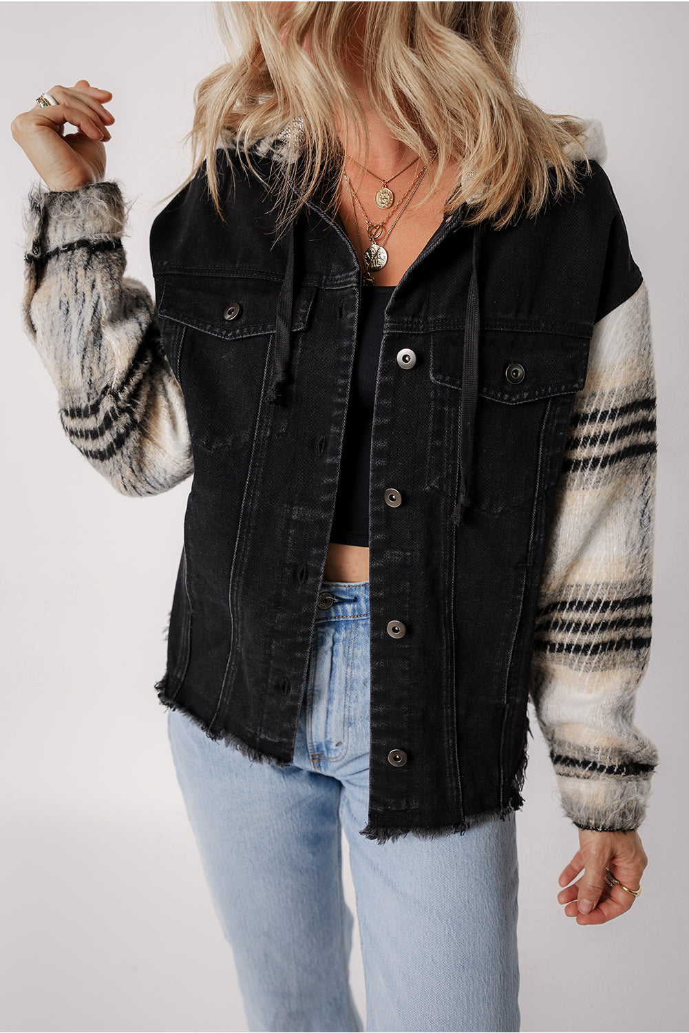 Raw Hem Drawstring Hooded Denim Jacket - Little Miss Vanilla