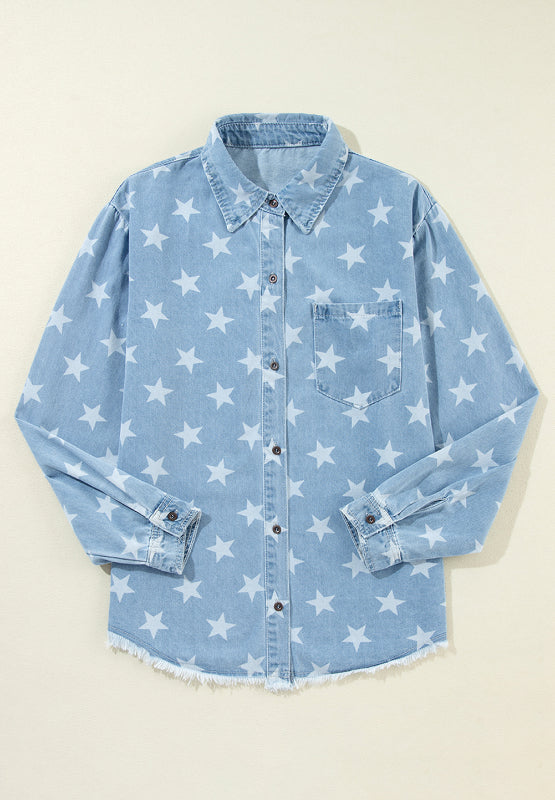 Raw Hem Star Collared Neck Denim Top - Little Miss Vanilla