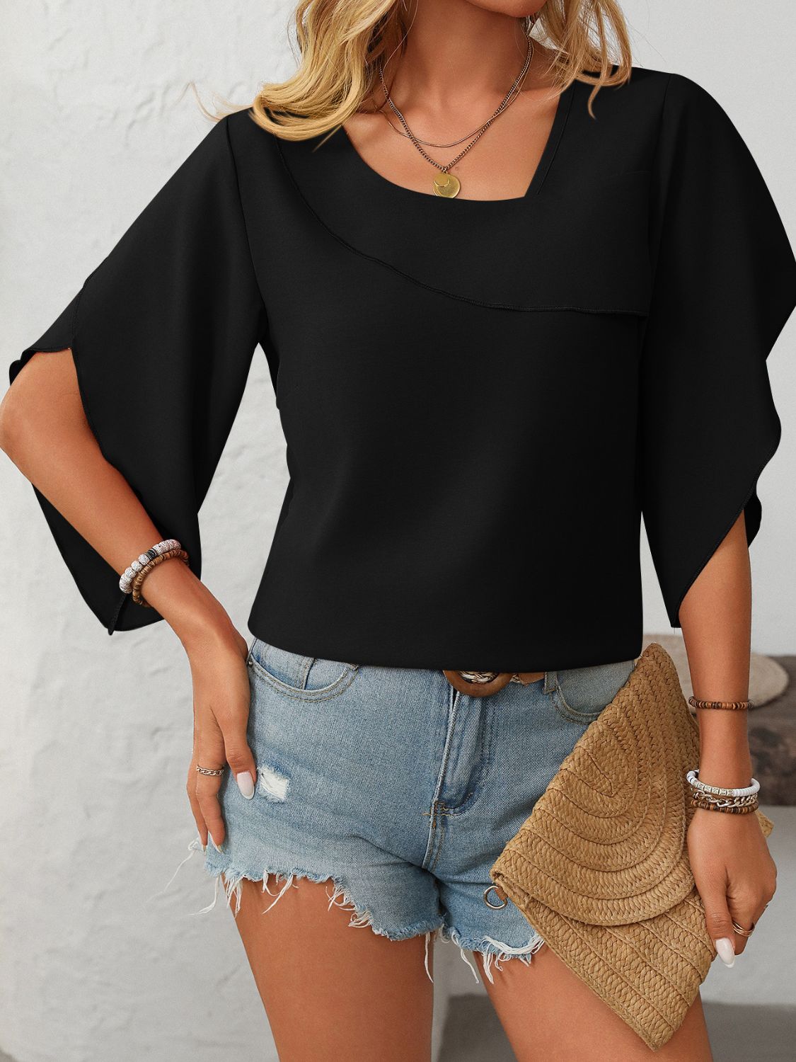 Mandy Ruffled Asymmetrical Neck Half Sleeve Blouse - Little Miss Vanilla