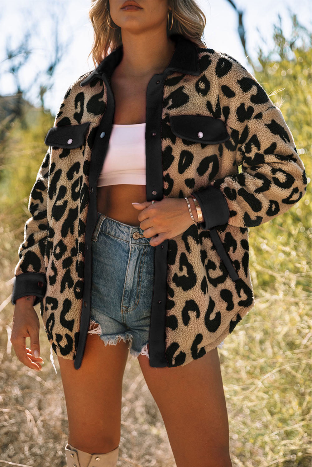 Black Contrast Trimmed Leopard Teddy Shacket - Little Miss Vanilla