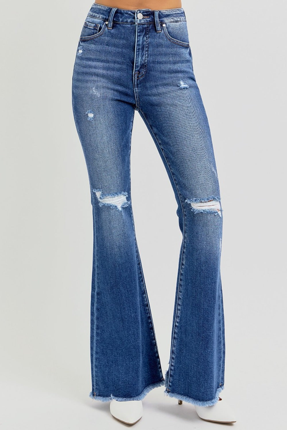 RISEN Full Size High Rise Distressed Raw Hem Flare Jeans - Little Miss Vanilla