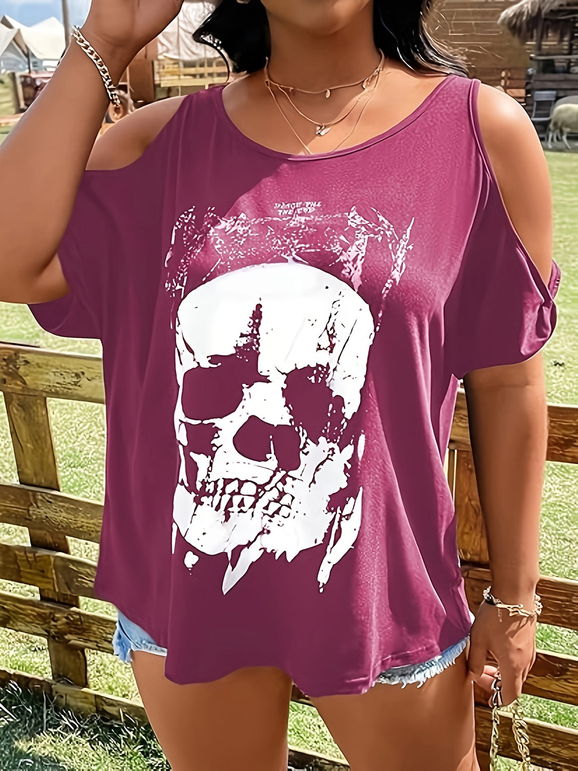 Plus Size Skeleton Graphic Round Neck Cold Shoulder T-Shirt - Little Miss Vanilla