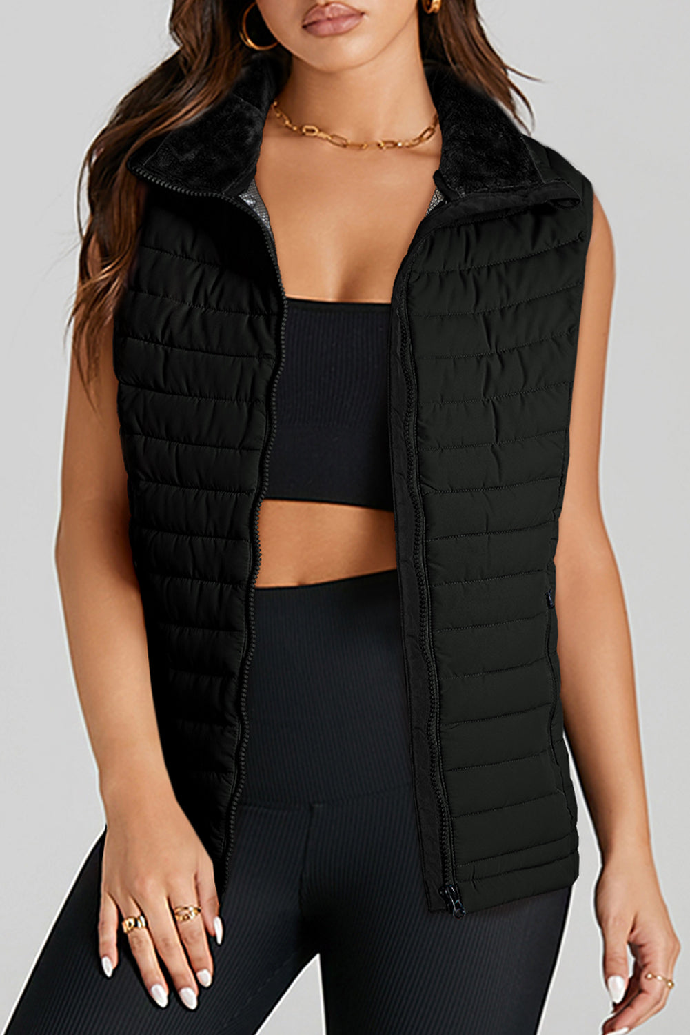 Black Plush Collared Quilted Zipped Puffer Vest - Little Miss Vanilla