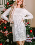 Silvery Sequin Long Sleeve Tie Waist Mini Dress - Little Miss Vanilla