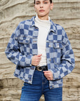 Light Blue Checkered Patchwork Button up Denim Jacket