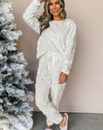 Light Grey Leopard Textured Loose Fit Fleece Lounge Set - Little Miss Vanilla