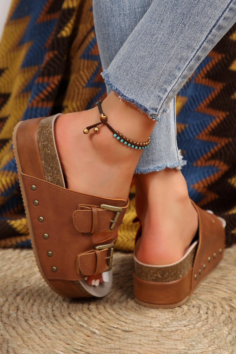 Chestnut Dual Buckle Studded Platform Sandal Slippers - Little Miss Vanilla