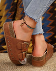 Chestnut Dual Buckle Studded Platform Sandal Slippers - Little Miss Vanilla