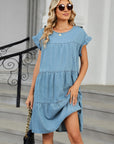 Tiered Round Neck Short Sleeve Denim Dress - Little Miss Vanilla