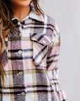 Pink Geometric Plaid Print Pocketed Shacket