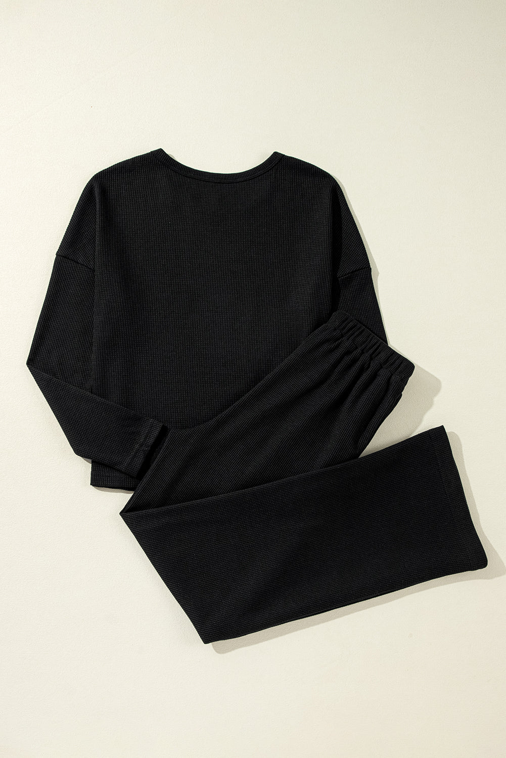 Black Textured Long Sleeve T Shirt and Pants Lounge Set - Little Miss Vanilla