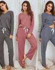 Waffle long sleeve pajamas suit for women in gray, cameo red, and gray blue, perfect for casual or sleepwear.