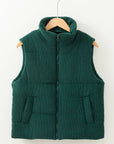 Jungle Green Corduroy Stand Neck Zipped Puffer Vest