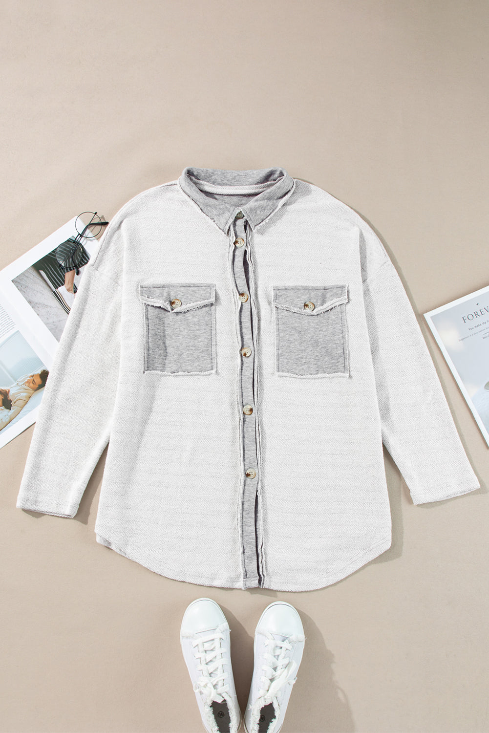 Gray Contrast Flap Pockets Relaxed Shacket - Little Miss Vanilla