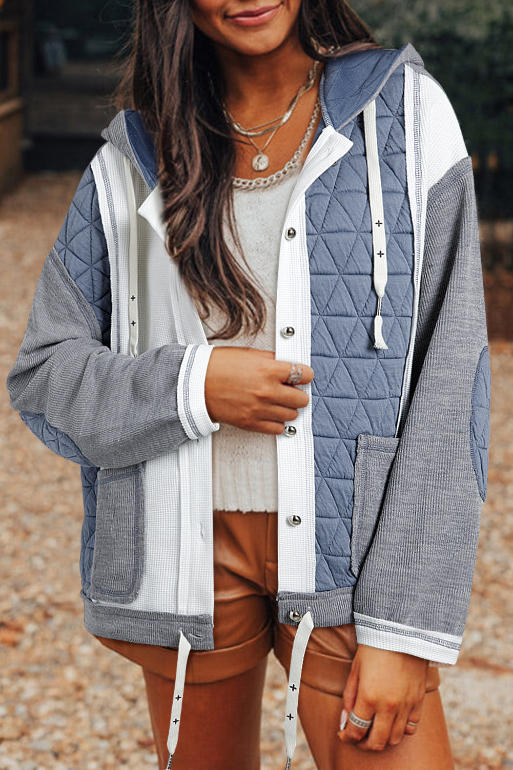 Light Blue Quilted Textured Patchwork Loose Fit Hooded Jacket - Little Miss Vanilla