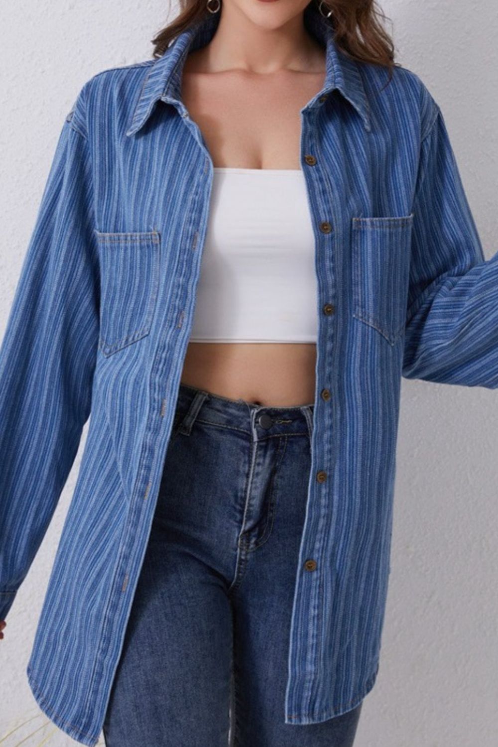 Striped Texture Collared Neck Denim Top - Little Miss Vanilla