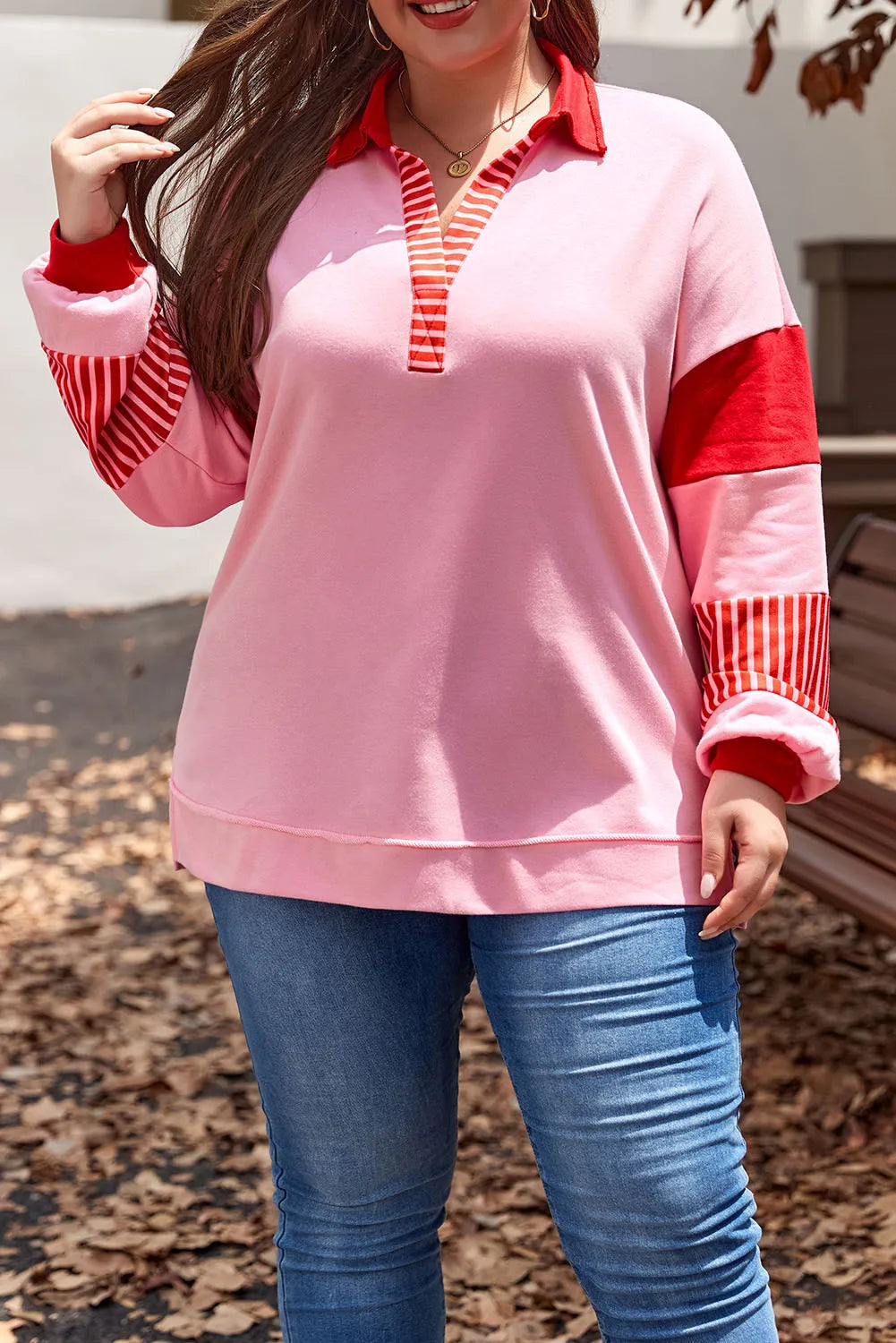 Plus Size Color Block Johnny Collar Long Sleeve Sweatshirt - Little Miss Vanilla