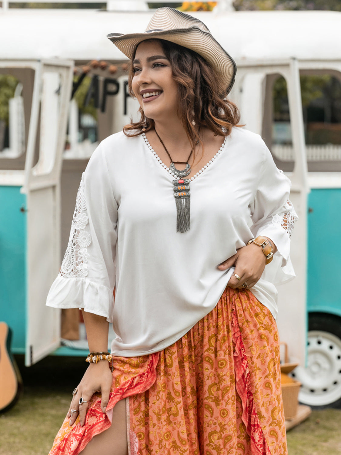 Plus Size Lace Detail V-Neck Three-Quarter Sleeve Blouse - Little Miss Vanilla