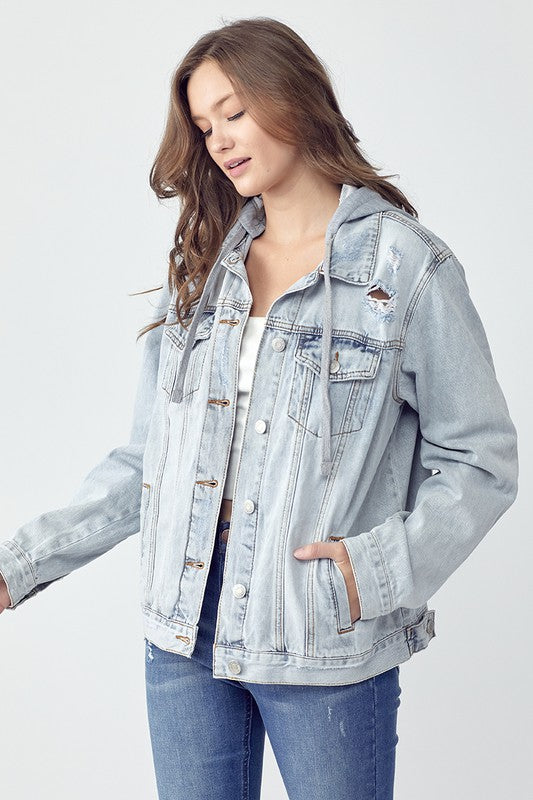 RISEN Full Size Distressed Drawstring Hooded Denim Jacket - Little Miss Vanilla