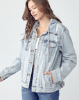 RISEN Full Size Distressed Drawstring Hooded Denim Jacket - Little Miss Vanilla