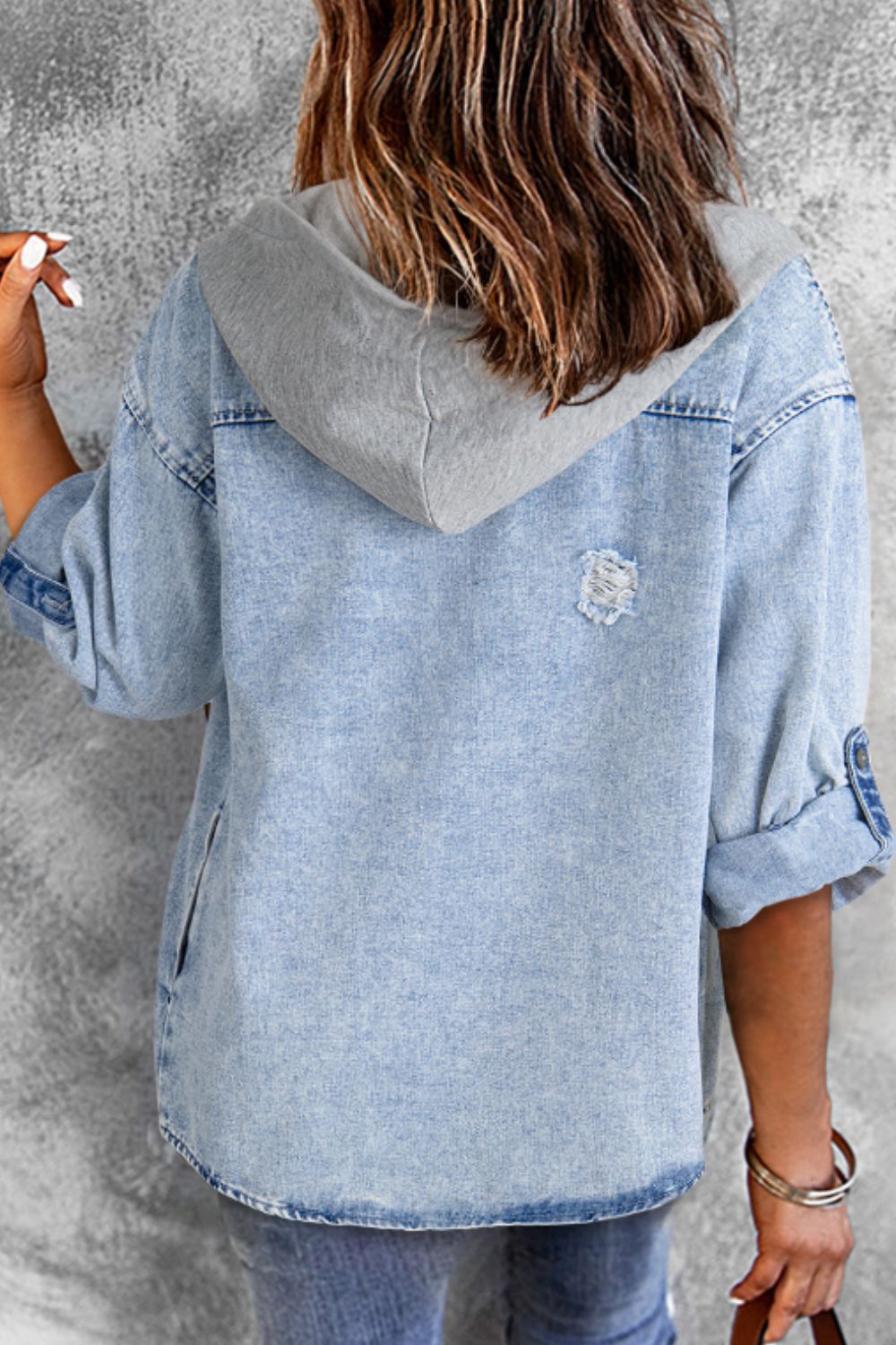 Distressed Button Up Hooded Denim Jacket with Pockets - Little Miss Vanilla