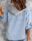 Distressed Button Up Hooded Denim Jacket with Pockets - Little Miss Vanilla