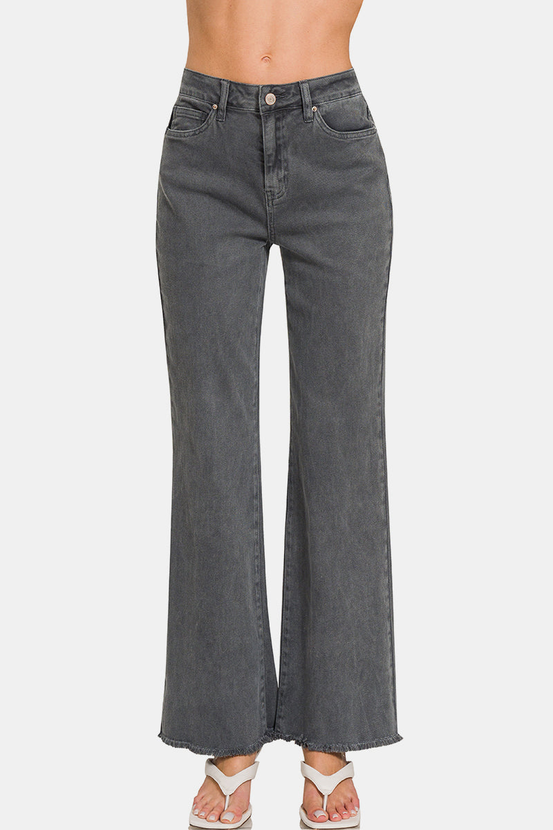 Zenana Acid Washed Frayed Hem Bootcut Jeans - Little Miss Vanilla