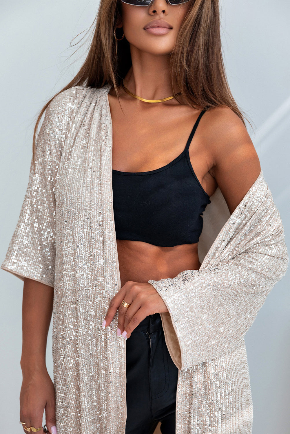 Apricot Sequin 3/4 Sleeve Open Front Duster Kimono - Little Miss Vanilla