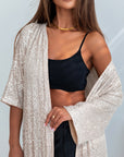 Apricot Sequin 3/4 Sleeve Open Front Duster Kimono - Little Miss Vanilla